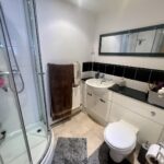 a bathroom with shower and a commode